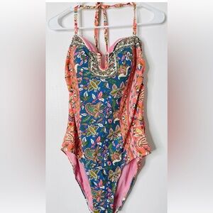 Boden Swimsuit 14R Tie Neck Floral Multicolor Stretch Boho Beachy Vacation Women